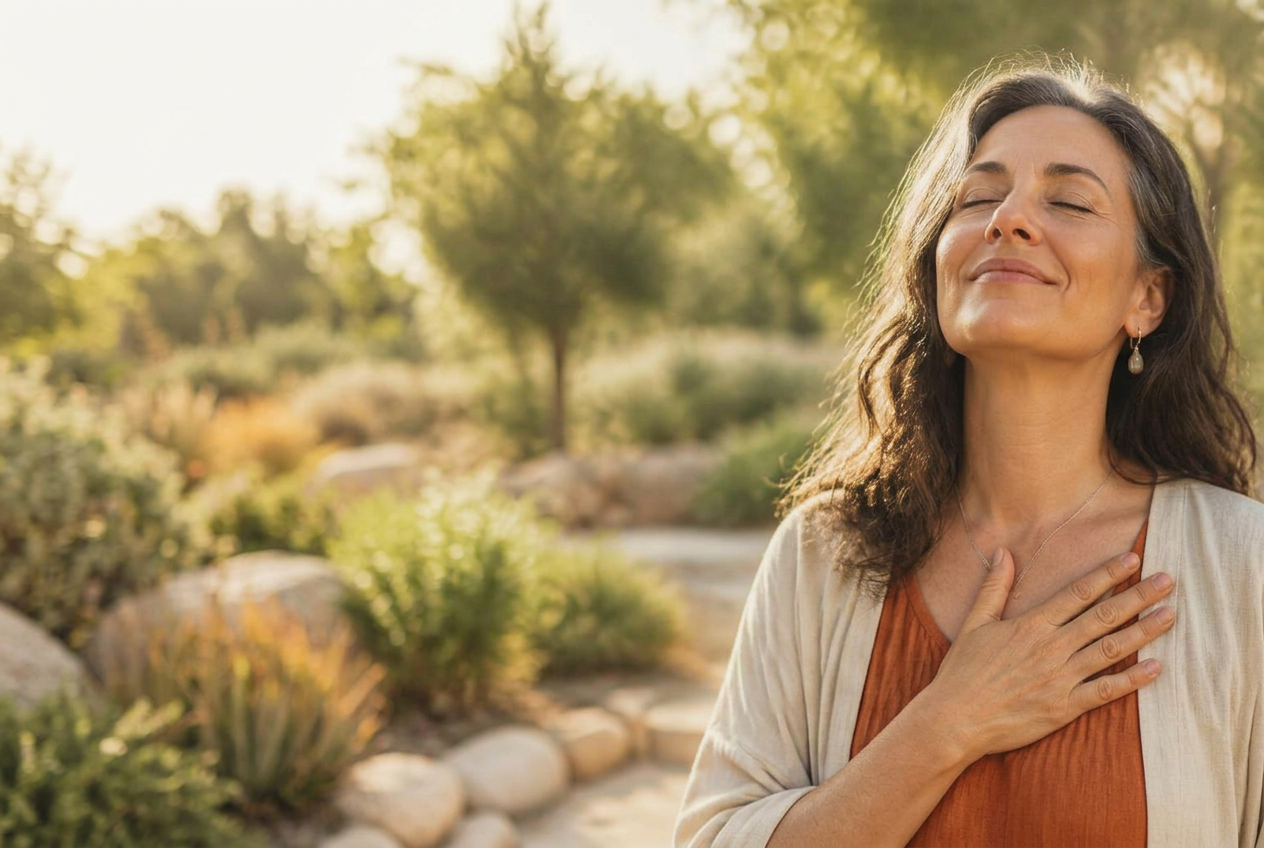A woman standing outdoors with her eyes closed and hand on her chest, feeling relieved and at peace